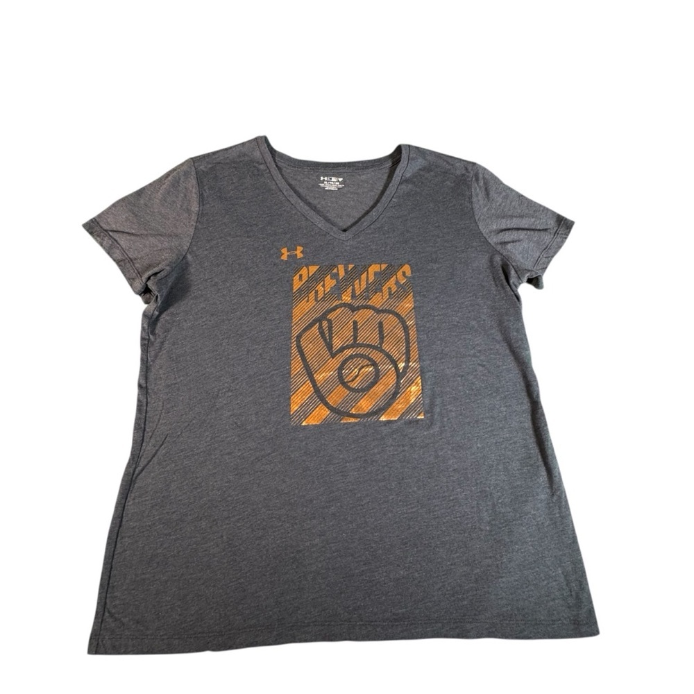 Under Armour Milwaukee Brewers Womens XL V Neck HeatGear T Shirt Blue Gold